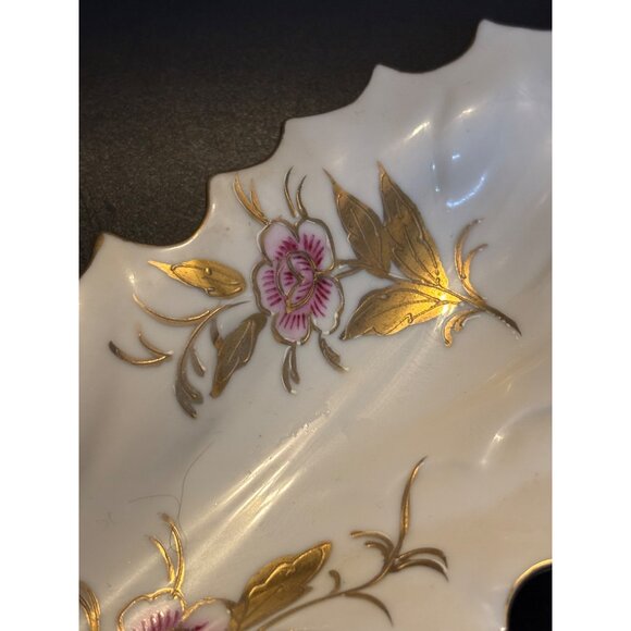 Vintage Kalk White German Porcelain Leaf Dish Floral Gold Trim Floral 10.5" cros - Picture 10 of 11